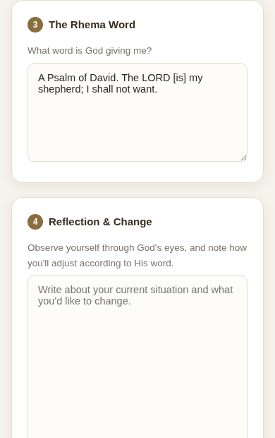 The cards for the Rhema Word and for Reflection and Change