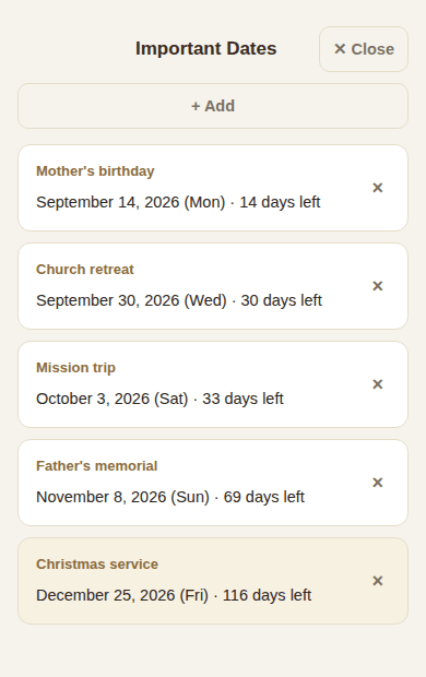 Important dates with the days remaining