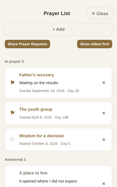 A list of ongoing and answered prayer requests