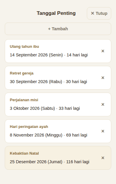 Tanggal penting dengan sisa hari