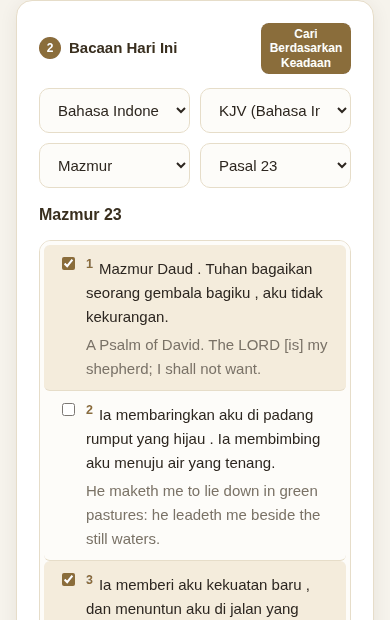 Membaca Mazmur 23 dengan dua ayat ditandai