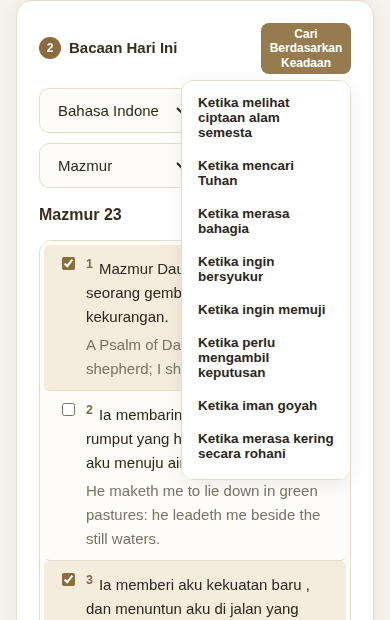 Daftar keadaan untuk menemukan bagian bacaan
