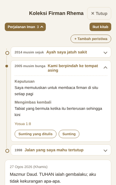 Peristiwa disusun mengikut masa dengan firman yang diberi pada setiap satu