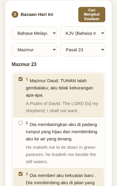 Membaca Mazmur 23 dengan dua ayat ditandai