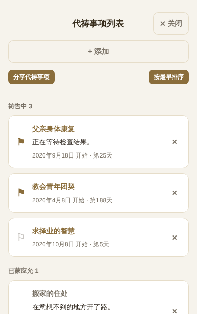 进行中和已蒙应允的代祷事项列表